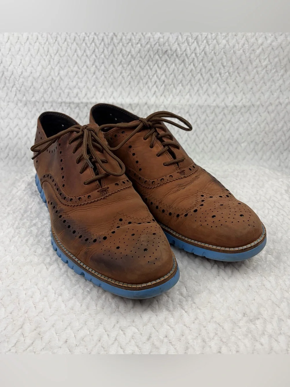 Cole Haan Zerogrand Wingtip Oxford Mens Brown Leather Blue Sole Shoes Size 10.5